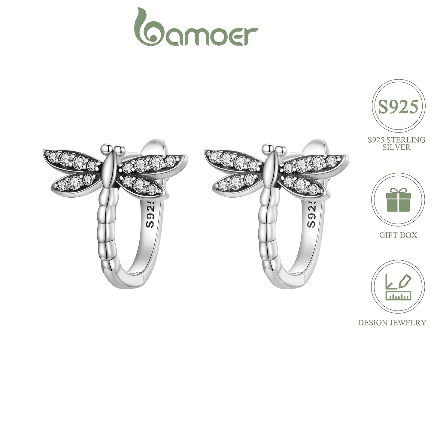 Sterling 925 Silver Dragonfly Pattern Hoop Earrings